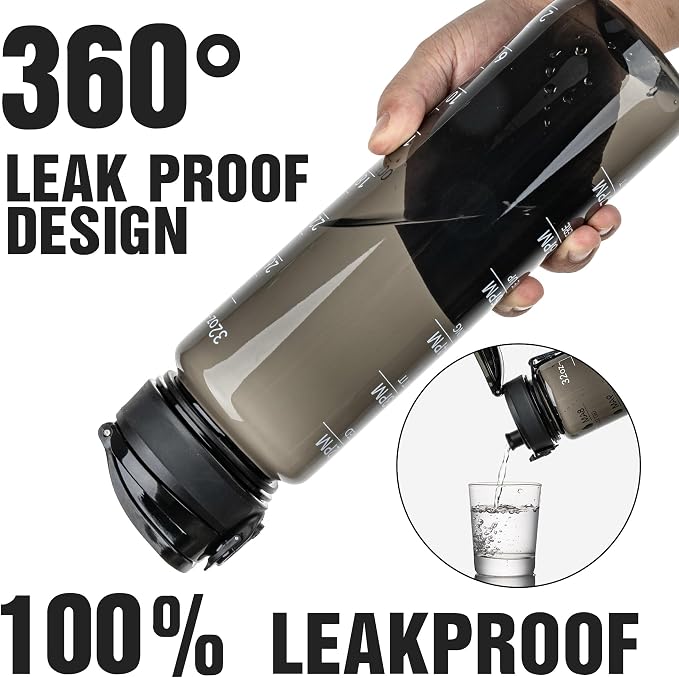 OLDLEY Water Bottle, 32oz Motivational Sports Water Bottle with Time Marker - Times to Drink - Tritan, BPA Free, Wide Mouth Leakproof,Clear Black