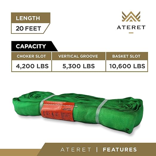 ATERET Powerlift Green Polyester Endless Round Sling - 20 Feet Length, 5,300 lb. Vertical Capacity, 10,600 lbs Basket - Heavy Duty Poly Lifting Sling
