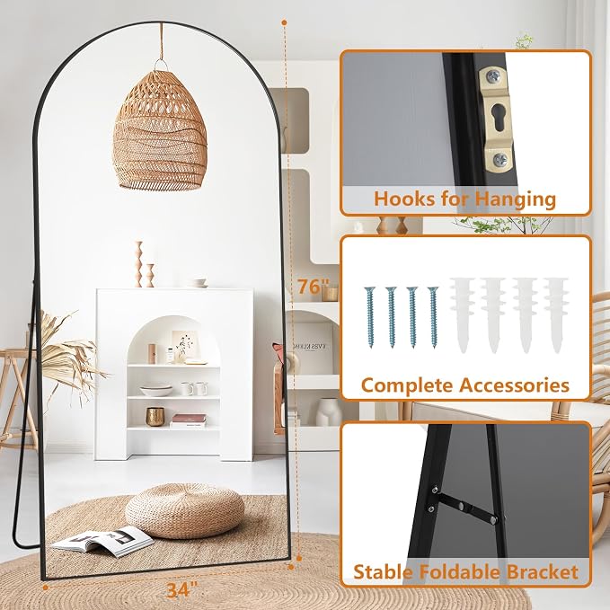 Arched Full Length Mirror, 76"x34" Oversized Floor Mirror, Black | Free Standing, Tempered Glass, for Bedroom Living Room Gym, Leaning Wall, Hanging