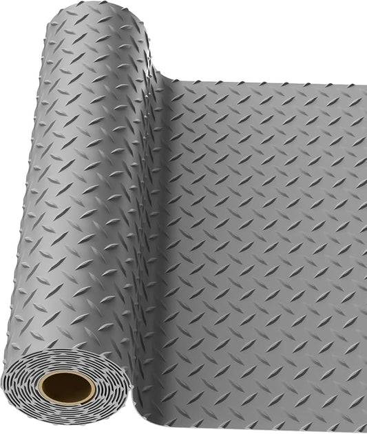 4x15 FT Garage Floor Mat, 2.8mm Thickened Diamond Plate | PVC Flooring Roll for Under Car/Golf Cart/Motorcycle, Garage Mat for Warehouse/Basement/Gyms/Trailer, Tapes Included, Gray