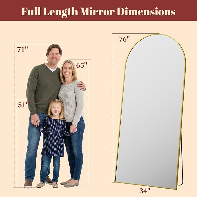 Suidia 76"x34" Arched Full Length Mirror with Stand, Full Body Mirror with Aluminum Frame, Freestanding/Leaning/Wall-Mounted, Floor Mirrors for Bedroom, Living Room, Entryway, Dressing Room, Gold