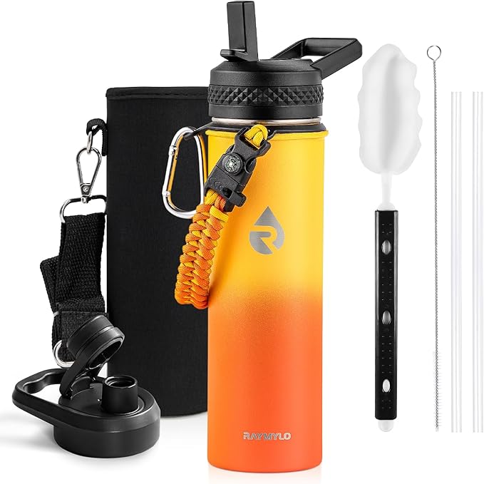 RAYMYLO Insulated Water Bottle 20 oz, Triple Wall Vacuum Stainless Steel | (Cold for 24Hrs, Hot for 12Hrs), Leak Proof & Non-BPA, Modern Water Bottle Jug for School with Straw Spout Lids