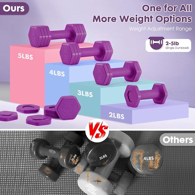 EQUIPRO Adjustable Dumbbell Set, 4 in 1 Free Weights Dumbbells Set for Women, Weights for Women at Home, 2lb 3lb 4lb 5lb with TPU Soft Rubber Handle for Home Gym Exercise Training