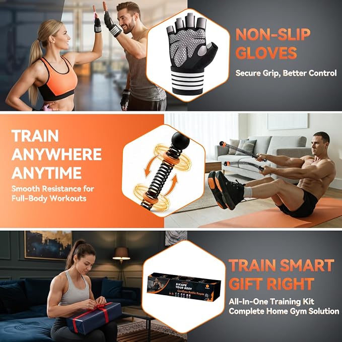 Cordless Battle Ropes Adjustable Trainer, Ropeless Weighted Portable Exercise Equipment for Home Gym Workouts, Compact Arm Strength for Men Women, Heavy Flex Rope Stick Fitness Gift