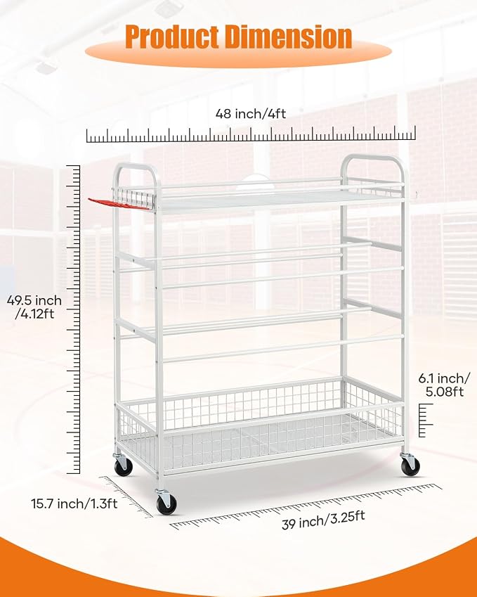EXTCCT Garage Sports Equipment Organizer - Rolling Ball Storage Bin with Wheels, Garage Sports Gear Rack Outdoor Basketball Racks for Balls with Baseball Bat Holder and Hooks, Toy Organizer(White)