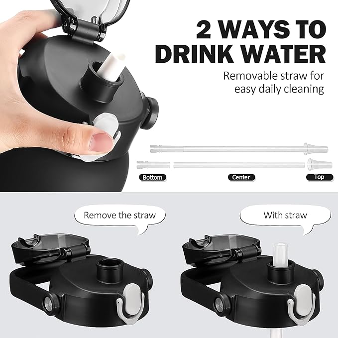 42oz Glass Water Bottles with Straw, Motivational Glass Bottle with Silicone Sleeve and Time Marker, Leakproof Large Glass Water Jug for Gym Home Office,Black