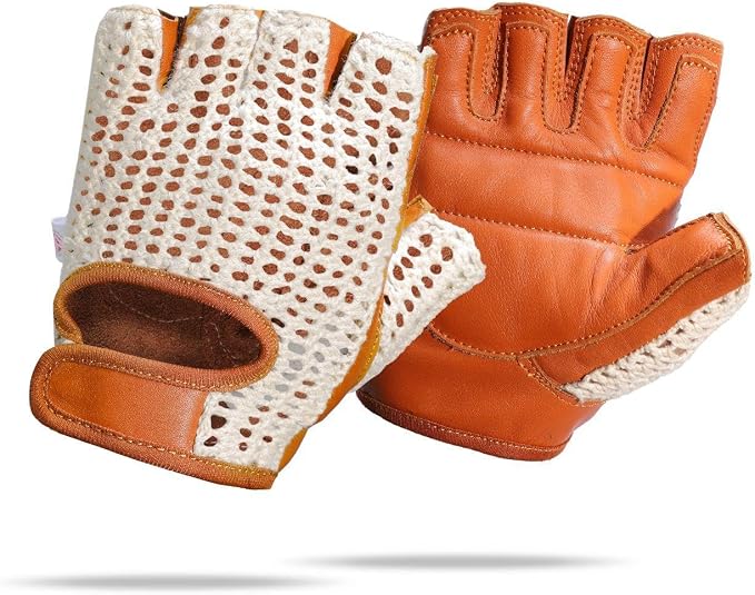 Retro Leather Crochet Cycling Gloves - Classic Tan