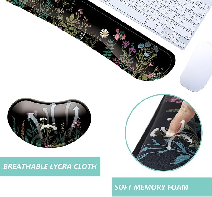 Keyboard Wrist Rest Mouse Wrist Support Set, Memory Foam Wrist Rest Pad for Computer Laptop Keyboard Mouse, Ergonomic Wrist Cushion Support for Typing Pain Relief, Gaming Home Office, Flowers Grass