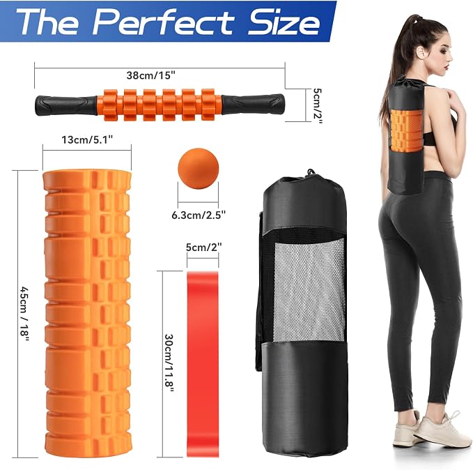 Krightlink 5-in-1 18" Foam Roller Set for Deep Muscle Massage | Foam Roller Back Roller for Fitness Relieves Muscle Pain Myofascial Trigger Point Release Pilates, Yoga (Orange)