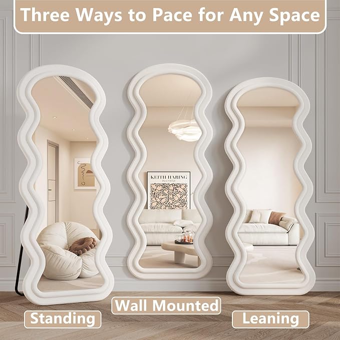 Full Length Mirror, 63"x24" Wavy Full Body Mirror Flannel | Full Body Mirror with Stand, Flannel Mirrror Bedroom and Living Room, Wall Mirror Hanging or Leaning, White