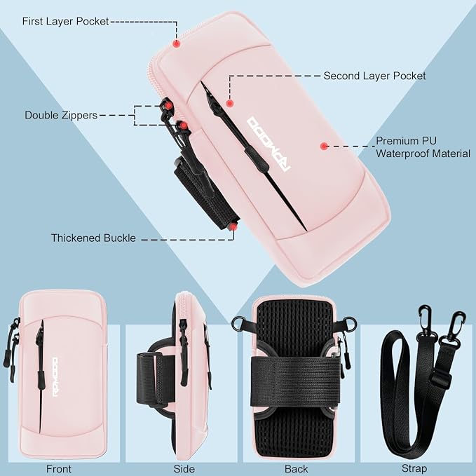 Arm Phone Holder for Running, Crossbody Bag 2-in-1, 7.5 Inch Pink | Large Capacity, Water Resistant, Phone Arm Band for Running Hiking, Adjustable Cell Phone Armband for iPhone Samsung Card Key