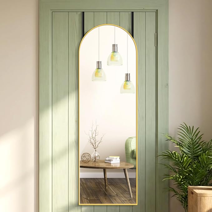 Gold Arched Over The Door Mirror, 47x14 Inches Full Length Hanging Mirror | No Drill Door Hanging Setup for Closet, Space Saving Door Mount Design for Closet, Bedroom Decor, Living Room Décor