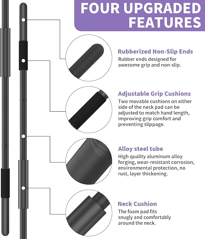Yoga Stick 58 Inch Sturdy Alloy Steel - Adjustable Stick for Exercise, Stretching, Balance - Versatile Exercise Stick with Non-Slip Ends, Neck Cushion and Adjustable Grip Cushions