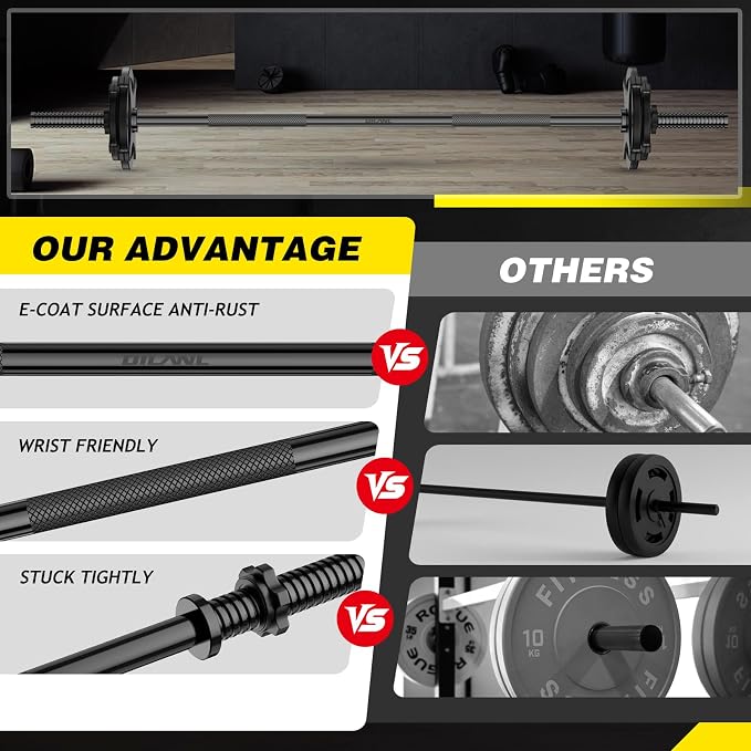 Weight Lifting Bar 57", 1" Standard Straight Barbell Bars Olympic Home Gym | Weightlifting/Strength Training/Squat/Bench Press/Deadlift/Lunges/Hip Thrusts, 2 Star Collars (480lb Weight Capacity)