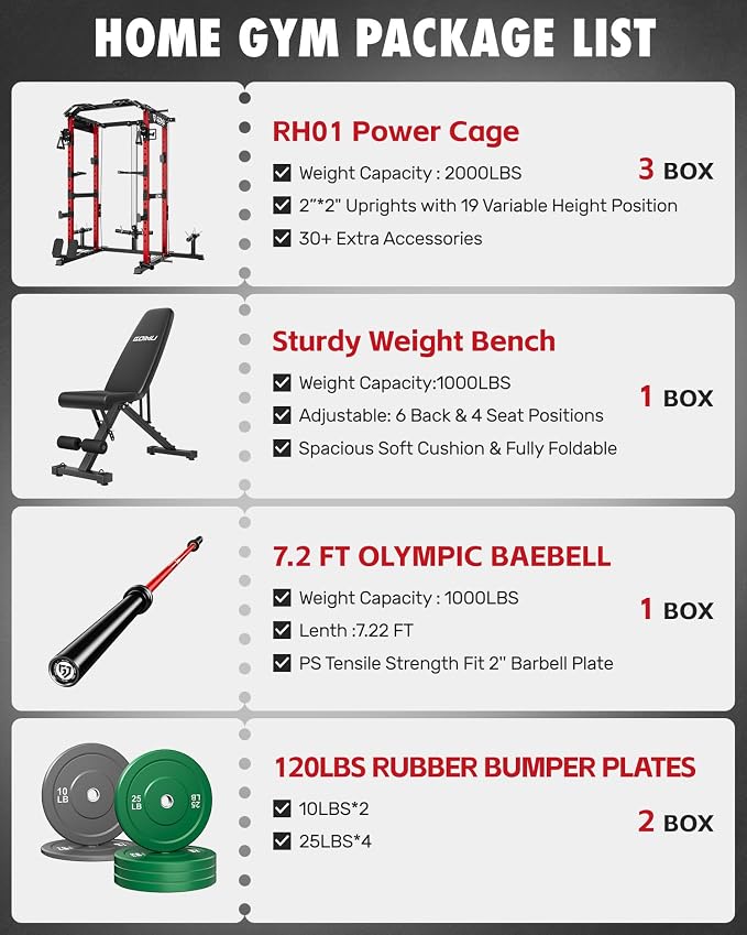 RH01 Power Cage Rack, 2000LBS Squat Rack with with Cable Crossover System&LAT Pull Down System, Multi-Function Workout Cage for Home&Garage Gym
