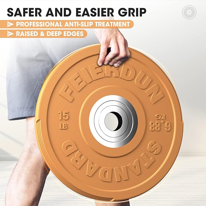 FEIERDUN Color Bumper Plate Set, 2-Inch Olympic Weight Plates, Low Bounce Rubber Barbell Plates with Stainless Steel Insert for Weightlifting, Strength Training, CrossFit & Home Gym, 10LB-370LB