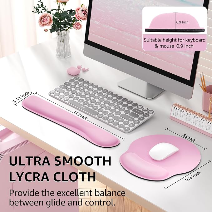KTRIO Keyboard Wrist Rest & Mouse Pad with Wrist Rest, Pale Pink | Memory Foam Wrist Support, Ergonomic Design, Non-Slip Base, Office and Home Use