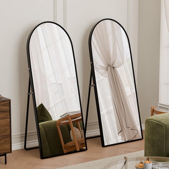 56"×18" Full Length Mirror, 2 Pcs Shatterproof Tempered Glass Floor Mirror, Alum Alloy Thin Frame Standing Mirror with Freestanding/Leaning/Wall Mount for Bedroom, Living Room & Entryway, Black
