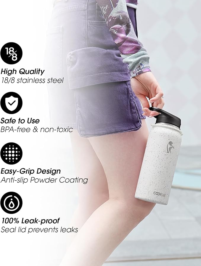 Coolflask 32 oz Water Bottle Insulated Stainless Steel with Strap | Metal Water Flask with Straw & Spout Lids, Triple-Wall, Cold 48+h, Dishwasher Safe, Leakproof, BPA-Free, for Gym & Hiking
