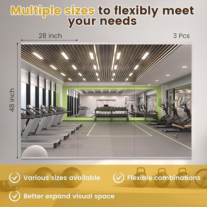LOAAO Gym Mirror 48"x28", 3 PCS, Tempered Glass | Flexible Combination, For Home Gym, Dance Studio, Yoga Room, Garage Gym