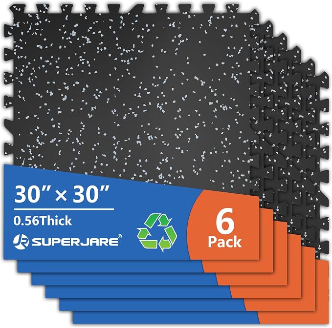 SUPERJARE 30" x 30" Larger Rubber Top Exercise Equipment Mats, 0.56" Thick 6PCS 37.5 Sq Ft High-Density EVA Foam Interlocking Gym Flooring, Big Workout Mat for Home Gym, Floor Protection, Black/Grey