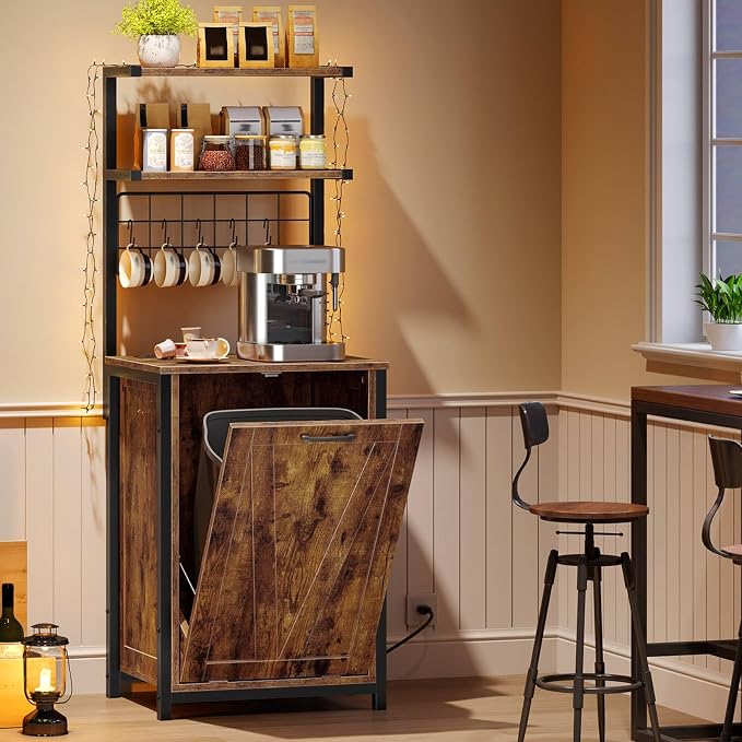 HOOBRO Bakers Rack with Power Outlet, Microwave Stand with Trash Can Storage, 3-Tier Coffee Bar Table with Storage Shelf for Kitchen, Dining Room, Living Room, Rustic Brown and Black BF22UHB01G1