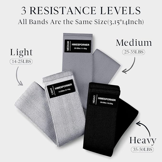 HIMESPORNER Wide Fabric Resistance Bands for Working Out 3 Level | Non-Slip Exercise Booty Bands for Women Men Leg Glutes with Hair Ties and Tape Measure - for Home Gym Workout, Yoga, Pilates