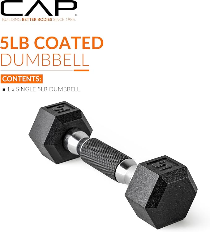 CAP Rubber Coated Dumbbell Weights, Free Weights for Home Gym Strength Training, Anti-Roll Hex Dumbbells with Black, Chrome & Comfort Grip Handles, Pairs & Sets
