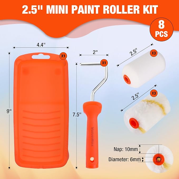 ValueMax 8PCS 2.5" Small Paint Roller Kit, Mini Paint Roller | Includes Foam & Microfiber Paint Roller Covers, Paint Tray and Roller Frame, For Painting Cabinets, Doors, Craft Work