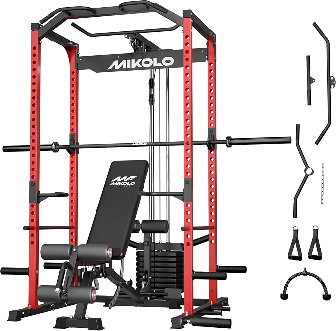 Mikolo F4 2.0 Power Cage with Dual-Track Smooth Pulley System, 1200LBS Power Rack with Leg Hold-Down for Heavy LAT Pulldowns