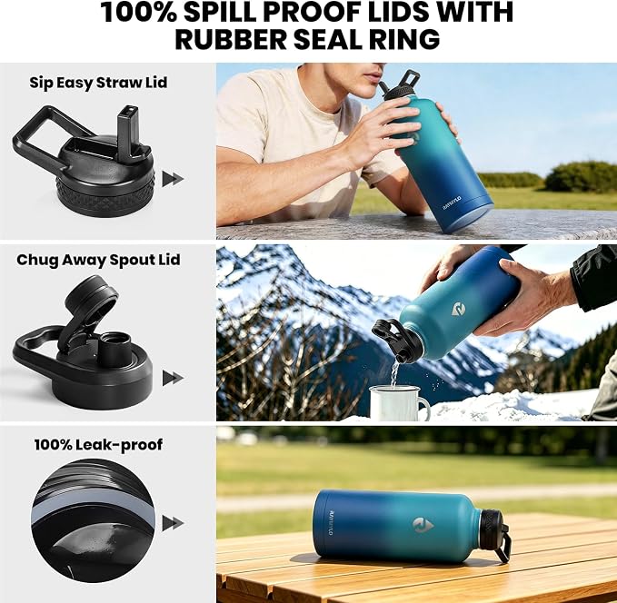 RAYMYLO Insulated Water Bottle 87 oz, Triple Wall Vacuum Stainless Steel | Cold for 48 Hrs), Leak Proof & Non-BPA, Modern Water Flask Jug with Paracord Handle & Straw Spout Lids, Cyan Blue
