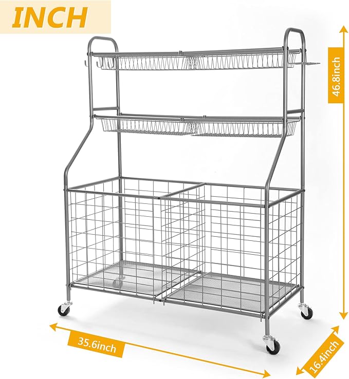 Kinghouse Garage Ball Organizer, Includes Storage Bin, Bat Holder, Hooks | Rolling Sports Equipment Organizer with Wheels, for Basketball, Toys, for Garage, Indoor, Gym, Outdoo