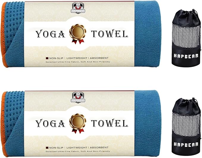 HAPBEAR 2 Pack Non Slip Yoga Mat Towel with Grip Dots, 72" x 24" Hot Yoga Towel - Super Absorbent Microfiber Yoga Towel for Hot Yoga, Bikram, Pilates and Gym Workout - Blue