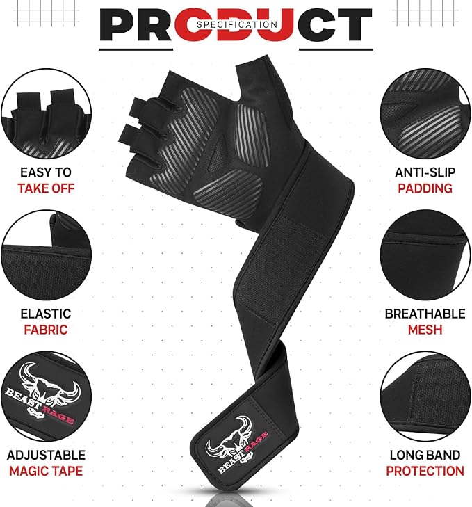 Padded Workout Gloves for Men, Long Wrist Straps Stabilize Adult Grip Weight Lifting Gloves with Powerlifting Support Gym, Exercise and Extra Pull ups Sturdy Palm