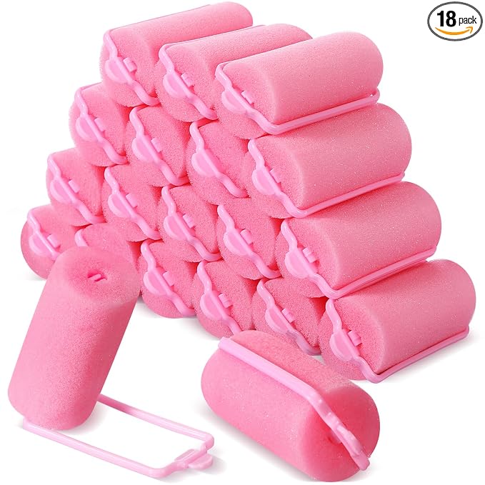 Geyoga 18 Pieces Pink Foam Hair Rollers Large Hair Curlers Sponge Rollers for Heatles to Sleep in a Curl for Women's Short and Long Hairs Styling (1.4 x 2.6 Inches)