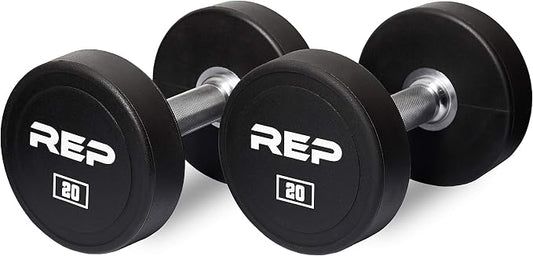 REP Fitness Urethane Coated Round Dumbbells, 5 to 100 lbs, Singles or Pairs, With or Without Rack, Steel Core, Rubber Encased, Chrome Handles, Professional Weights for Home Gym Strength Training