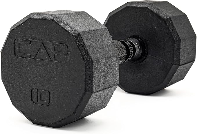 CAP Rubber Coated Dumbbell Weights, Free Weights for Home Gym Strength Training, Anti-Roll Hex Dumbbells with Black, Chrome & Comfort Grip Handles, Singles