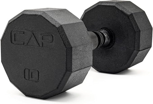 CAP Rubber Coated Dumbbell Weights, Free Weights for Home Gym Strength Training, Anti-Roll Hex Dumbbells with Black, Chrome & Comfort Grip Handles, Singles