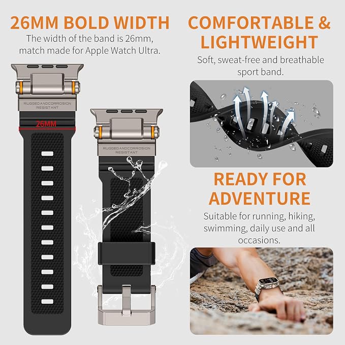 Band Compatible with Apple Watch Ultra 3/2/1 Band 49/46/45/44mm | Metal Connector with Silicone Rugged Strap for iWatch Ultra Series 11/10/9/8/7/6/SE3/SE2/SE/5/4/3/2/1, Black/Titanium
