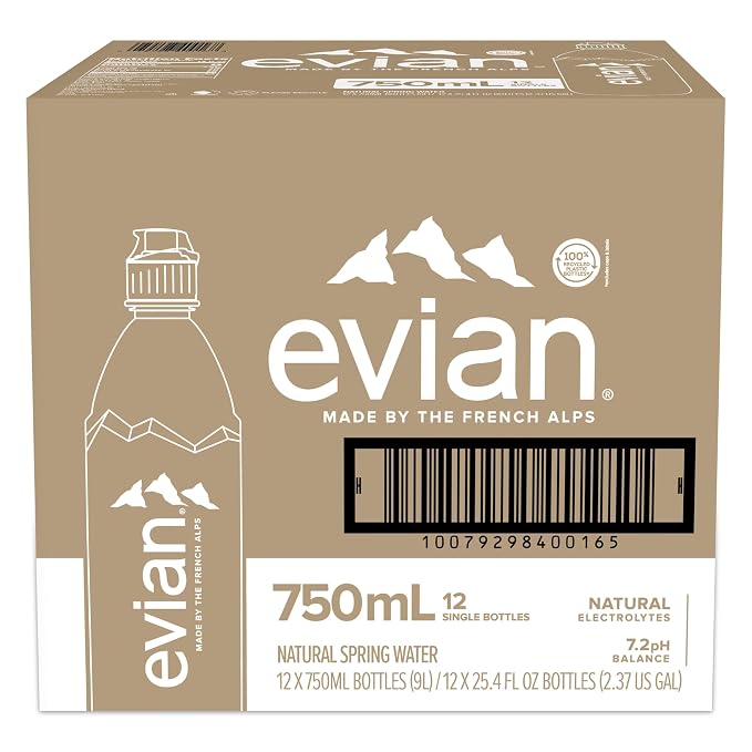 evian Natural Spring Water, 750 ml (25.36 fluid ounce) Water Bottle with Sports Cap, 12 Pack