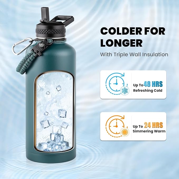 RAYMYLO Insulated Water Bottle 87 oz, Triple Wall Vacuum Stainless Steel | Cold for 48 Hrs), Leak Proof & Non-BPA, Modern Water Flask Jug with Paracord Handle & Straw Spout Lids, Dark Green