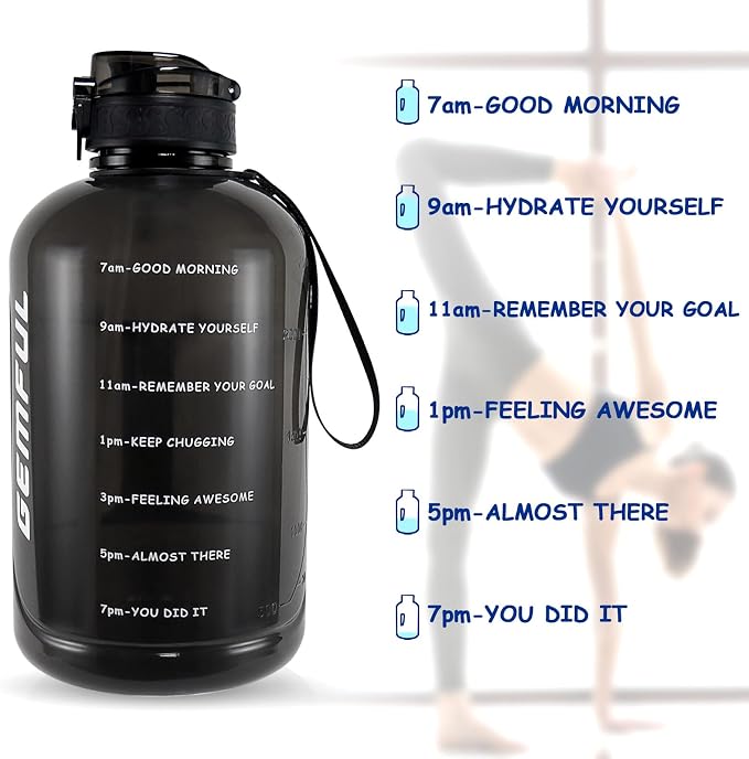 GEMFUL 100oz Water Bottle with Time Marker & Straw 3L for Fitness (Black) | BPA Free, Leak-proof, Tracks Daily Intake, Great for Gym, Hiking, Camping, Home,Office, Travel, Women,Men, Wide Mouth