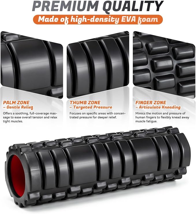 Foam Roller for Deep Tissue Massager, Patented Exercise Roller | 18" Trigger Point Foam Roller for Muscle Recovery, Physical Therapy, Improves Mobility, Fitness, Yoga and Pilates, Black