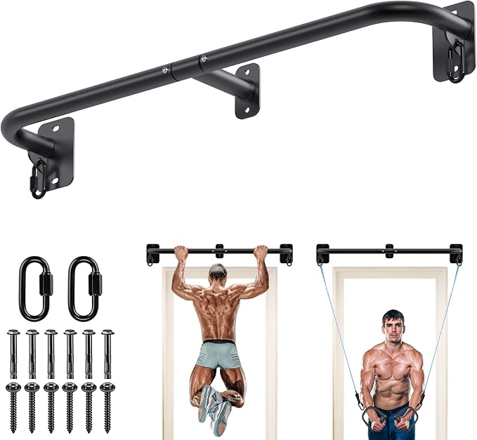SELEWARE 32"/36" Wall Mount Pull Up Bar Joist Mount Chin Up Bar for Doorway | Heavy Duty Steel Construction Support 450 lb, w/Resistance Band Hooks, Fits 32"/36" Wall Studs for Home Gym Strength Training