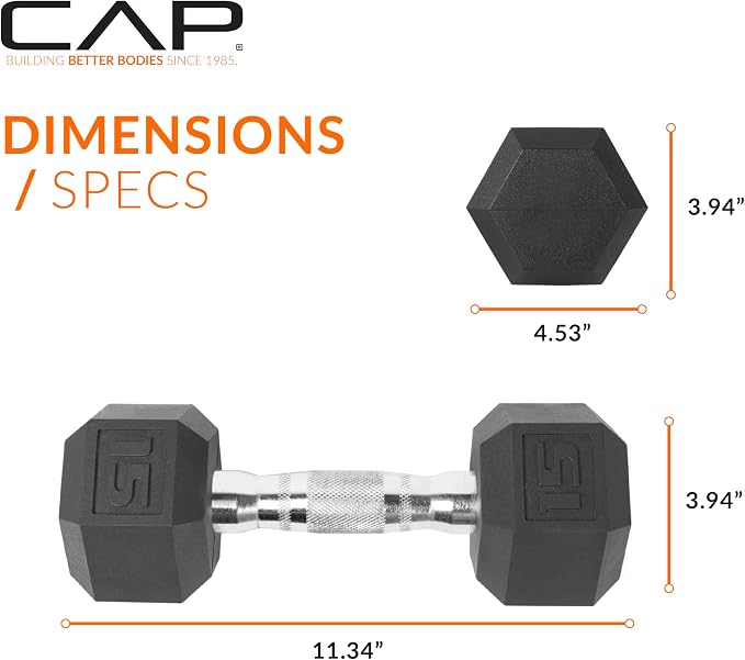 CAP Rubber Coated Dumbbell Weights, Free Weights for Home Gym Strength Training, Anti-Roll Hex Dumbbells with Black, Chrome & Comfort Grip Handles, Singles