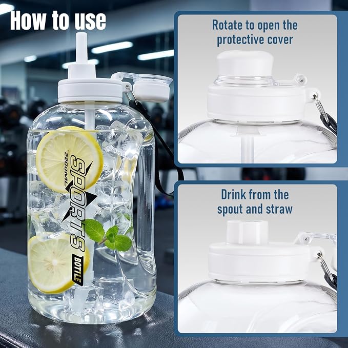Doseno Gallon Water Bottle, 95 oz Sports Water Jug With Straw and Strap | White 2.8 L large water bottle has a measuring scale and portable handle for daily drinking, gym sessions and outdoor use.