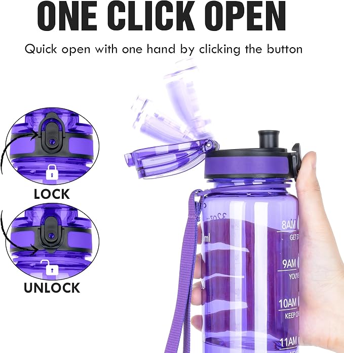 OLDLEY Water Bottle, 32oz Motivational Sports Water Bottle with Time Marker - Times to Drink - Tritan, BPA Free, Wide Mouth Leakproof,Deep Purple