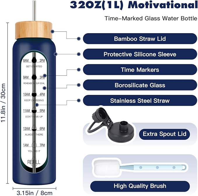 32oz Glass Water Bottle with Time Marker, 2 Lids-Handle Spout Lid & Bamboo Straw Lid, 1 Liter Motivational Borosilicate Water Bottle for Gym, Office, Travel (Blue)