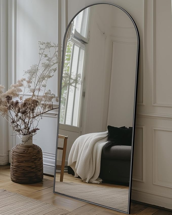 Antok Full Length Mirror, 59"x18.1" Floor Mirror with Stand, Hanging Mounted Mirrors for Bedroom, Living Room, Cloakroom, Dining Room, Black, Arched