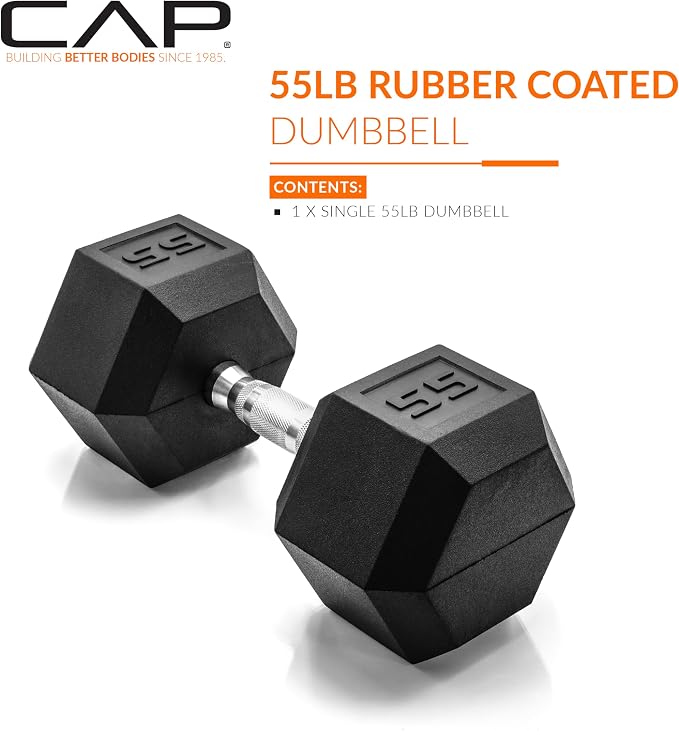 CAP Rubber Coated Dumbbell Weights, Free Weights for Home Gym Strength Training, Anti-Roll Hex Dumbbells with Black, Chrome & Comfort Grip Handles, Singles